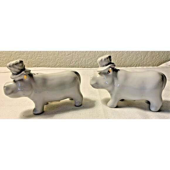 Hippo Salt & Pepper Shakers Ceramic  White with Gold Fleck Ears - Picture 7 of 12